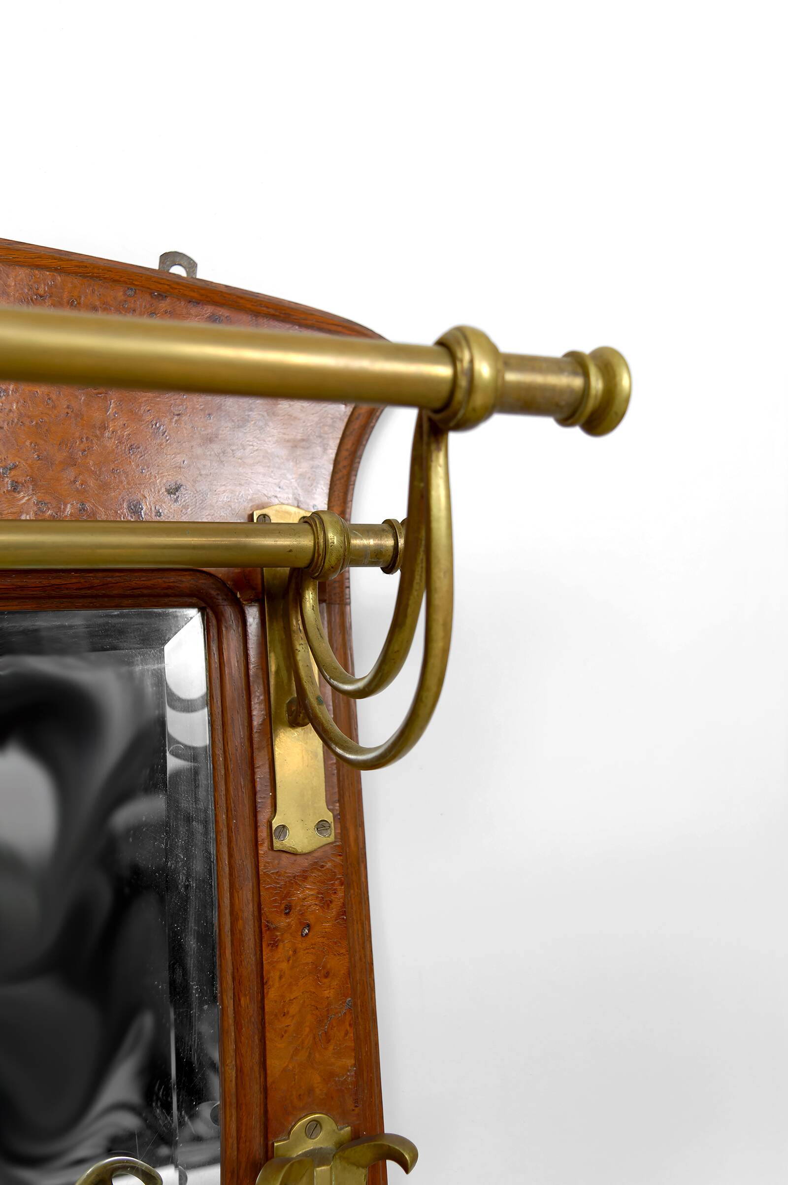 Wall-mounted coat rack, oak, elm burl, bronze hooks, c. 1900