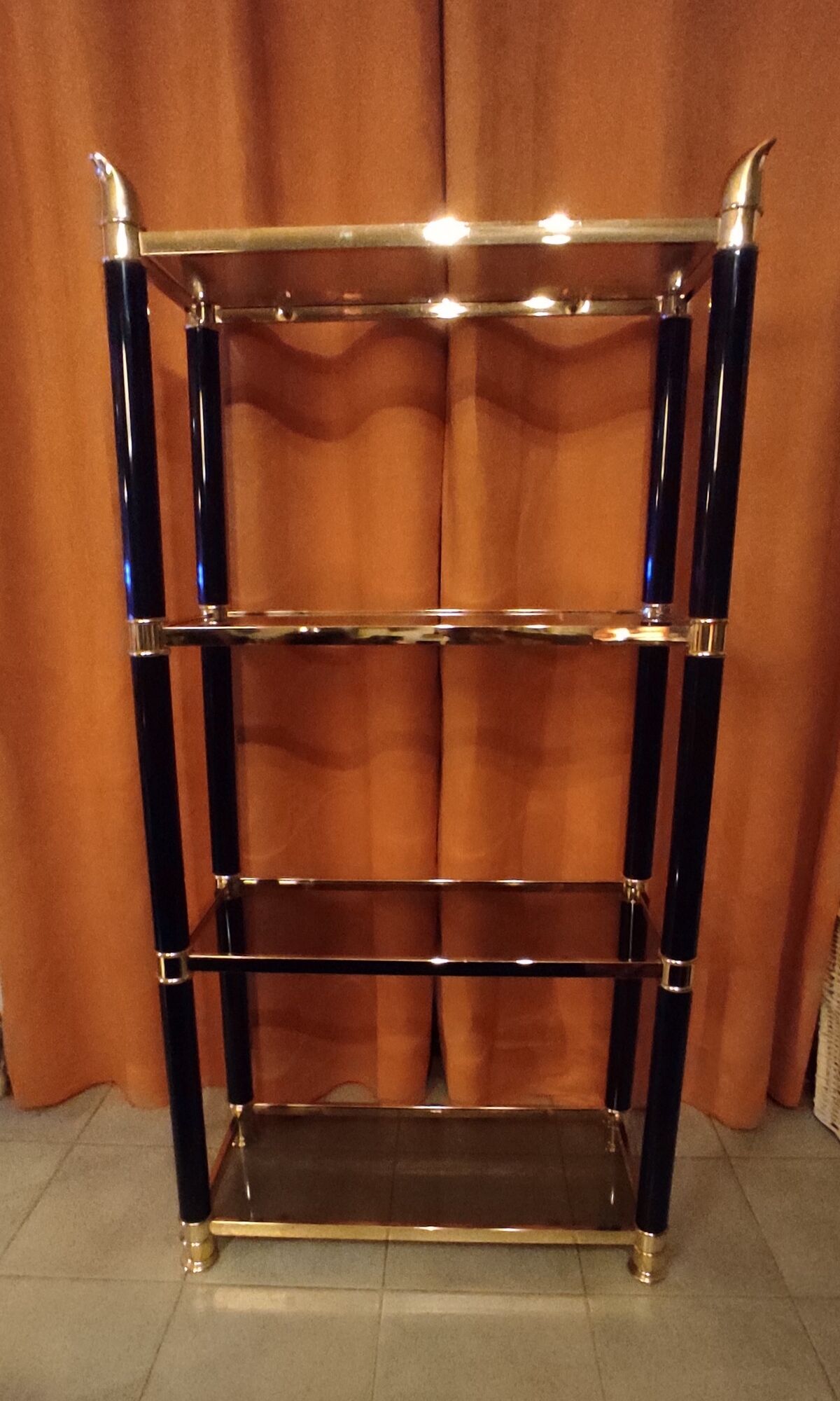 Shelf, Chinese, black and gold metal, smoked glass