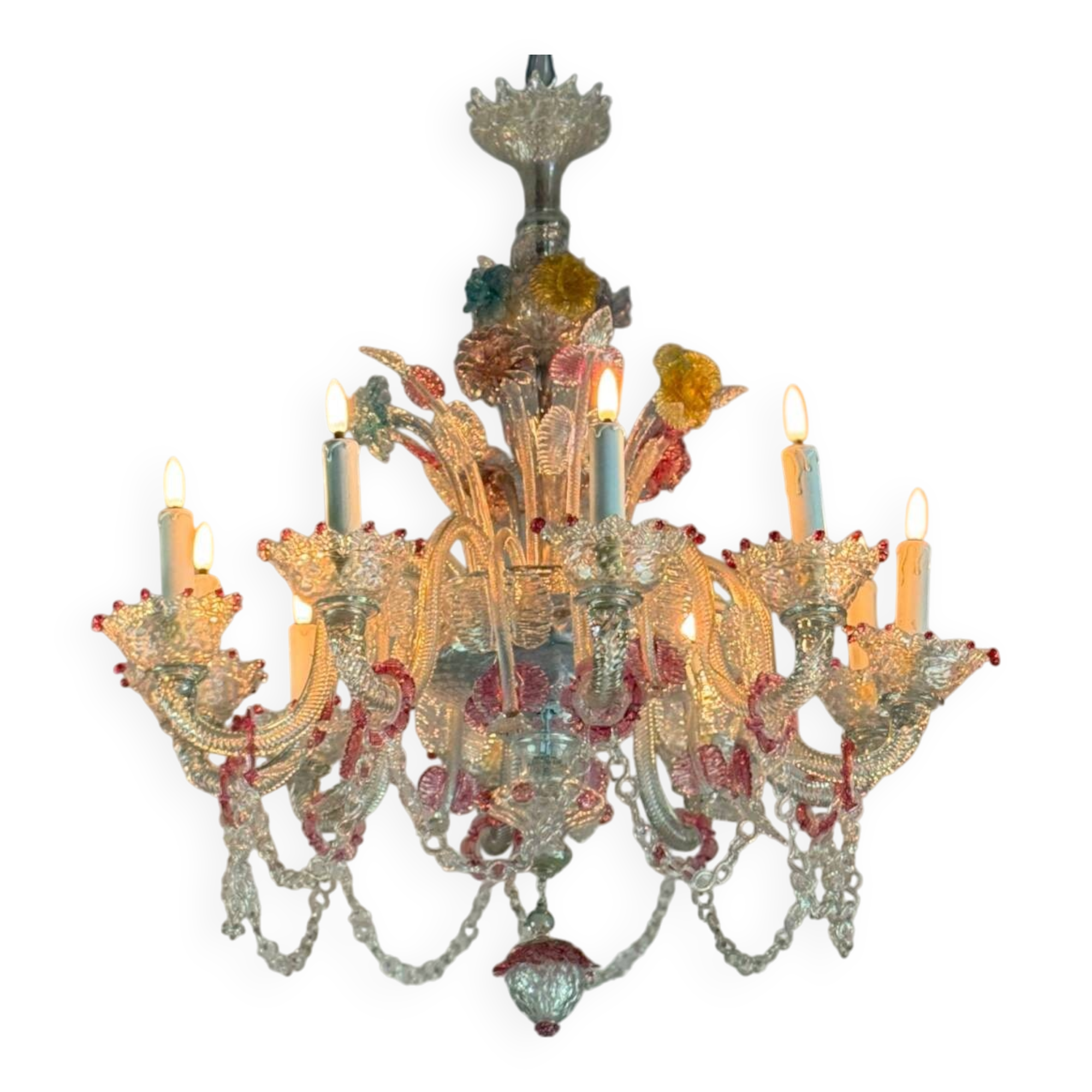 Venetian chandelier in multi-colored Murano glass, 10 light arms, circa 18