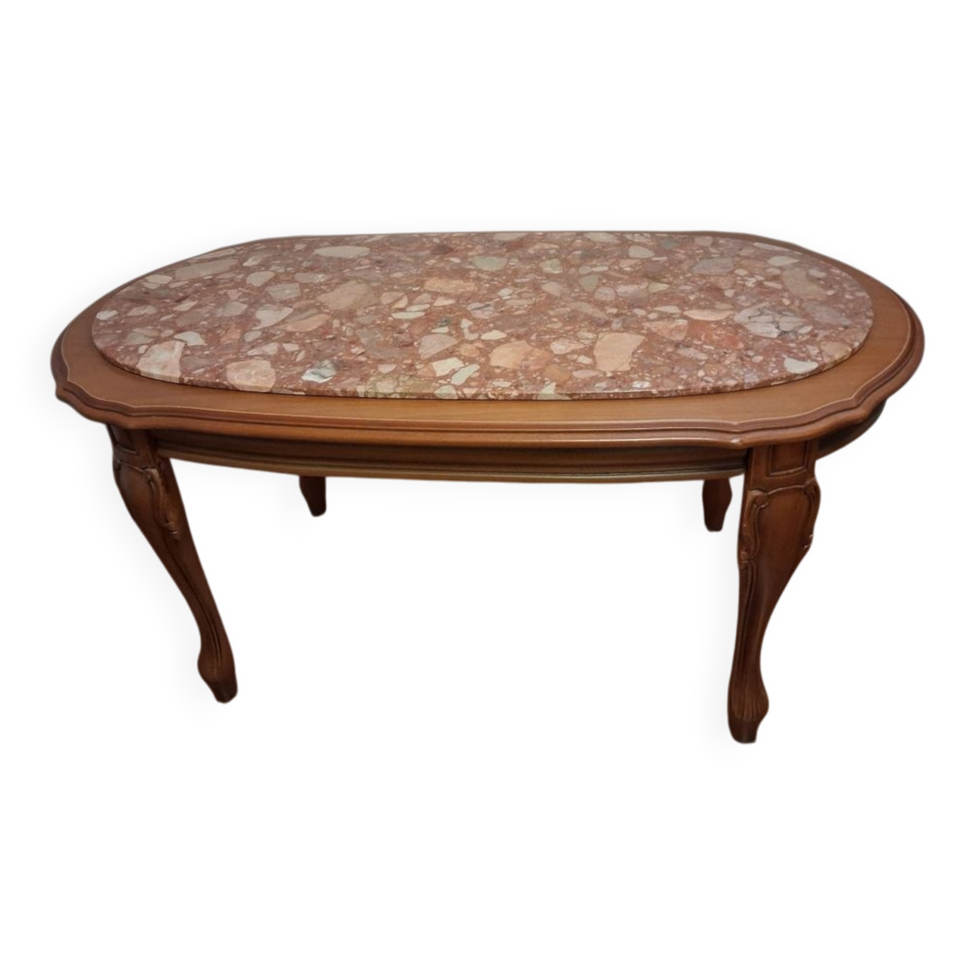 Coffee table with a stone top.