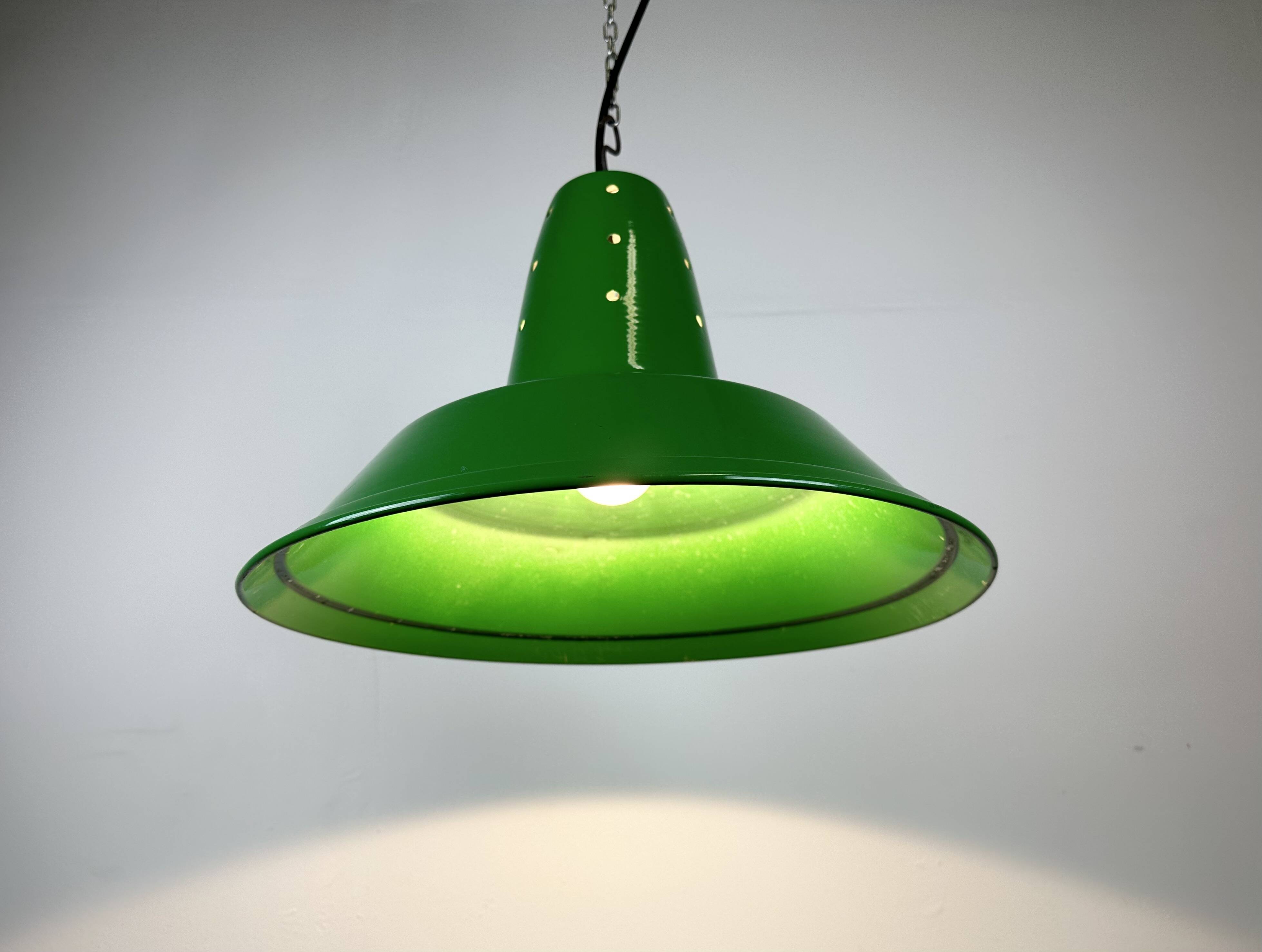 Industrial Italian Green Factory Hanging Lamp, 1970s