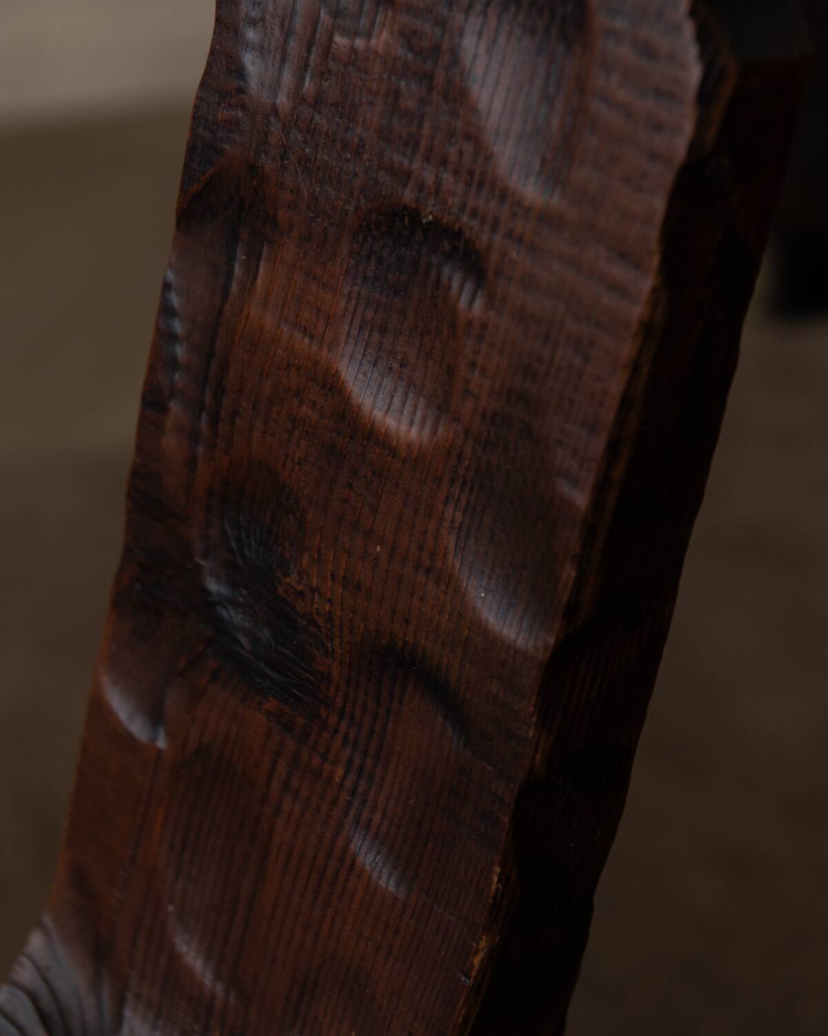 Spanish brutalist tripod chair in carved solid wood