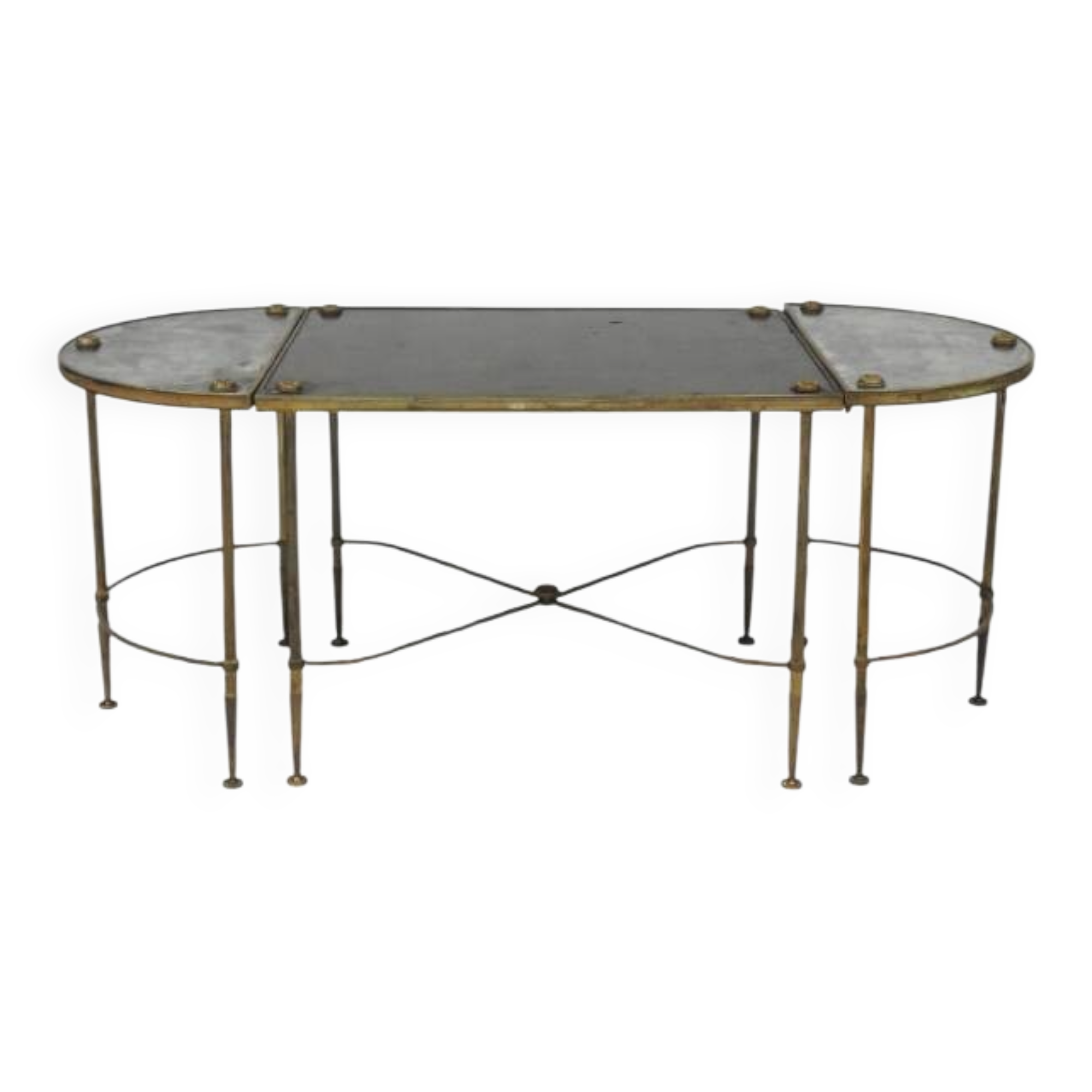 Table basse tripartite style Maison Jansen en laiton, bronze et verre