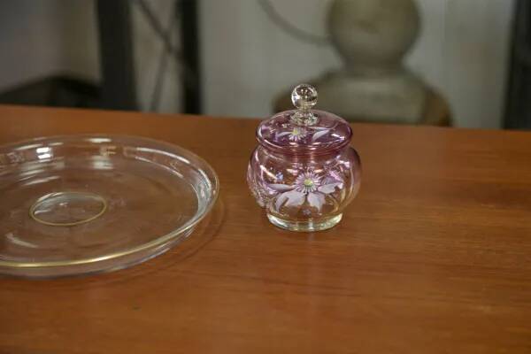Set of pink blown glass carafes and glasses, 1950s