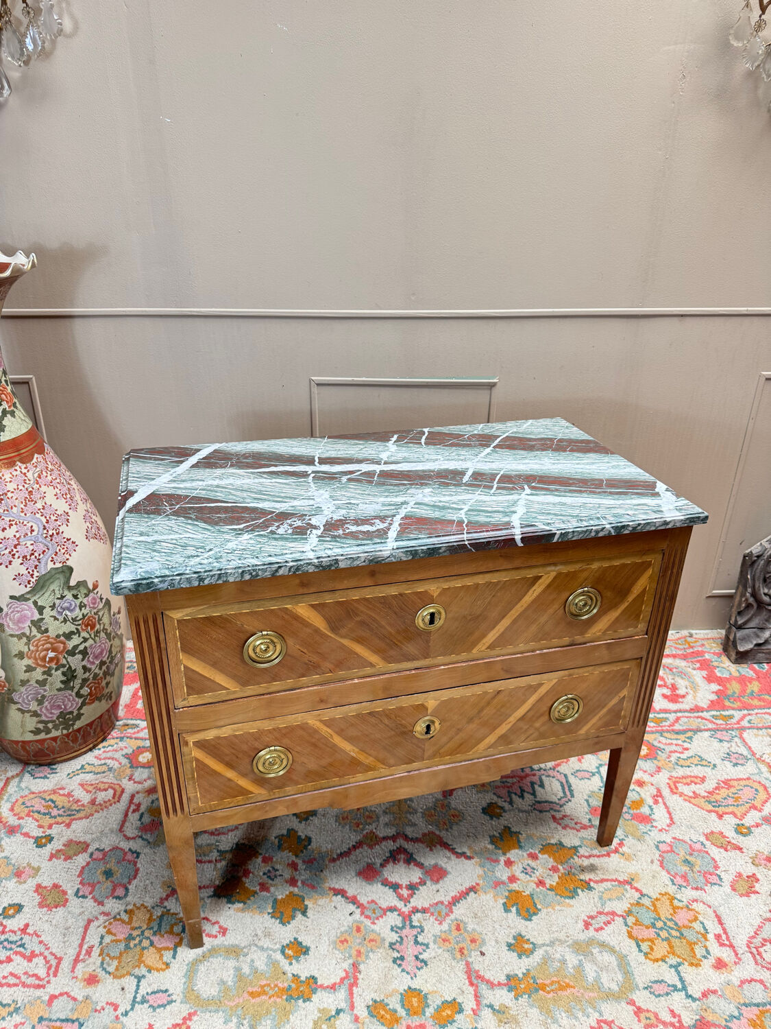 Louis XVI style commode in natural wood and marquetry, 19th century