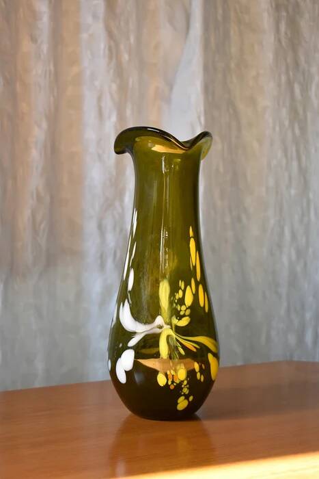 Free-form olive green art glass vase by Gyula Budveszel, Hungary, 1990s