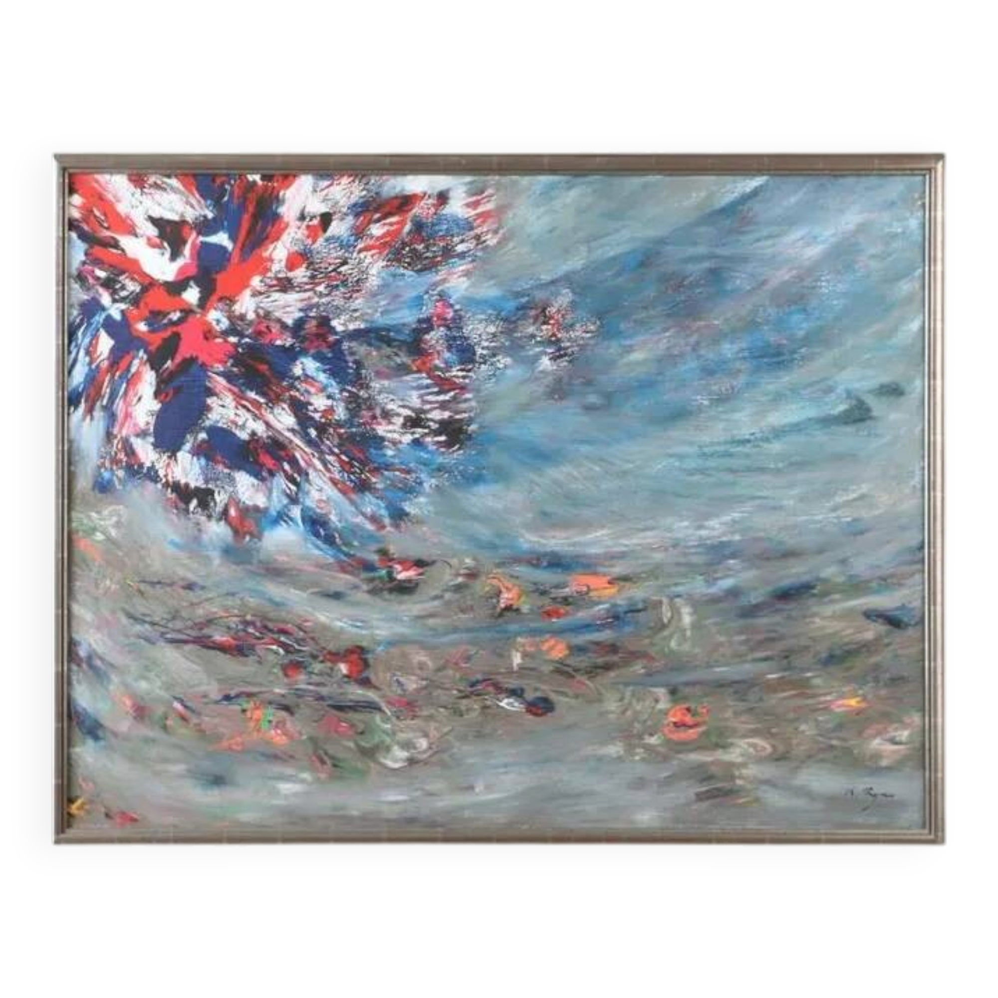 Huile sur toile originale suédoise – "Composition" par Keiko Ryu – Signée – Vintage et encadrée
