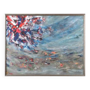 Huile sur toile originale suédoise – "Composition" par Keiko Ryu – Signée – Vintage et encadrée