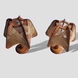 Portuguese Mid Century Modernist wood straw wooden table lamps 1960s SET of 2