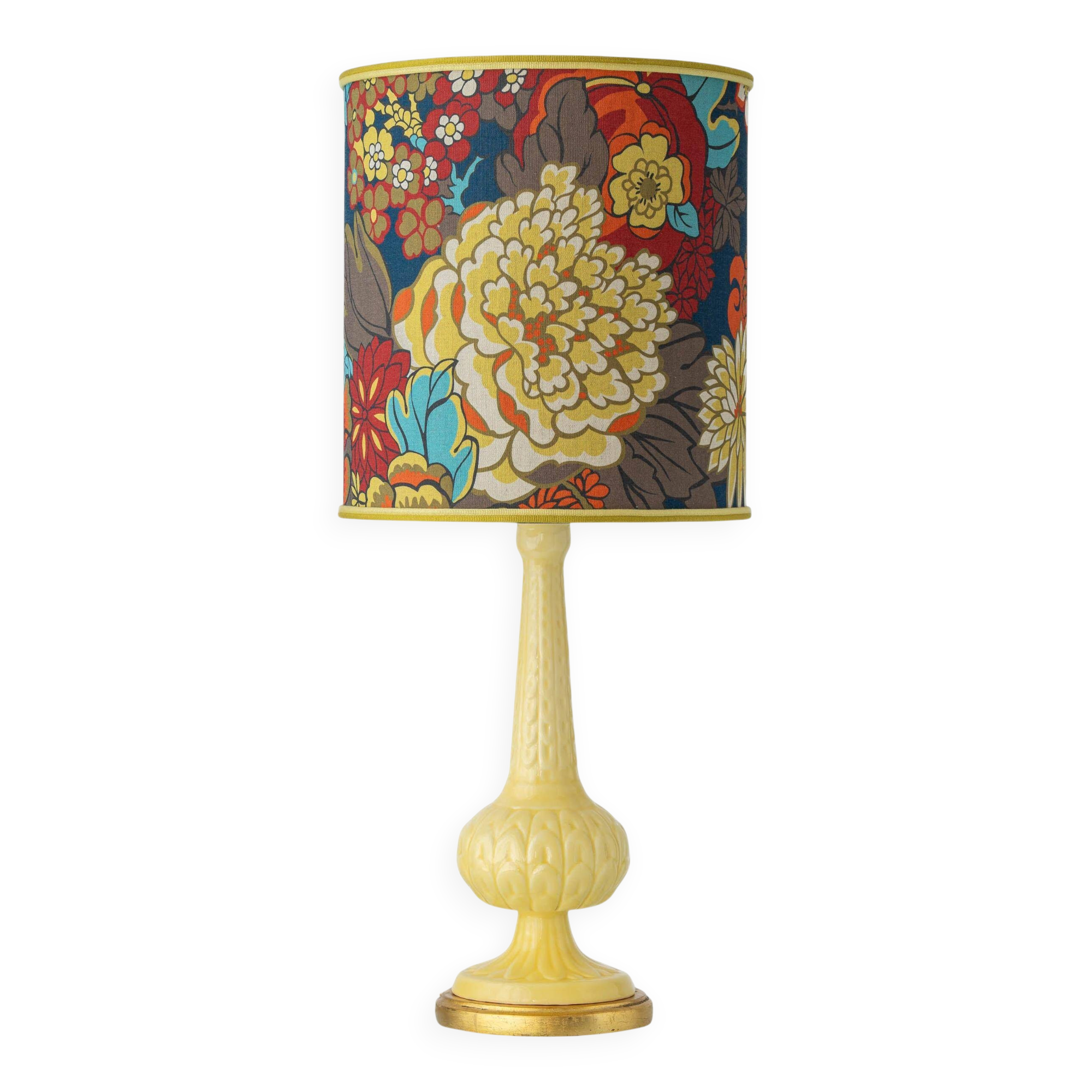 Lampe de table en céramique jaune espagnole, années 1960, abat-jour Liberty London rétro neuf