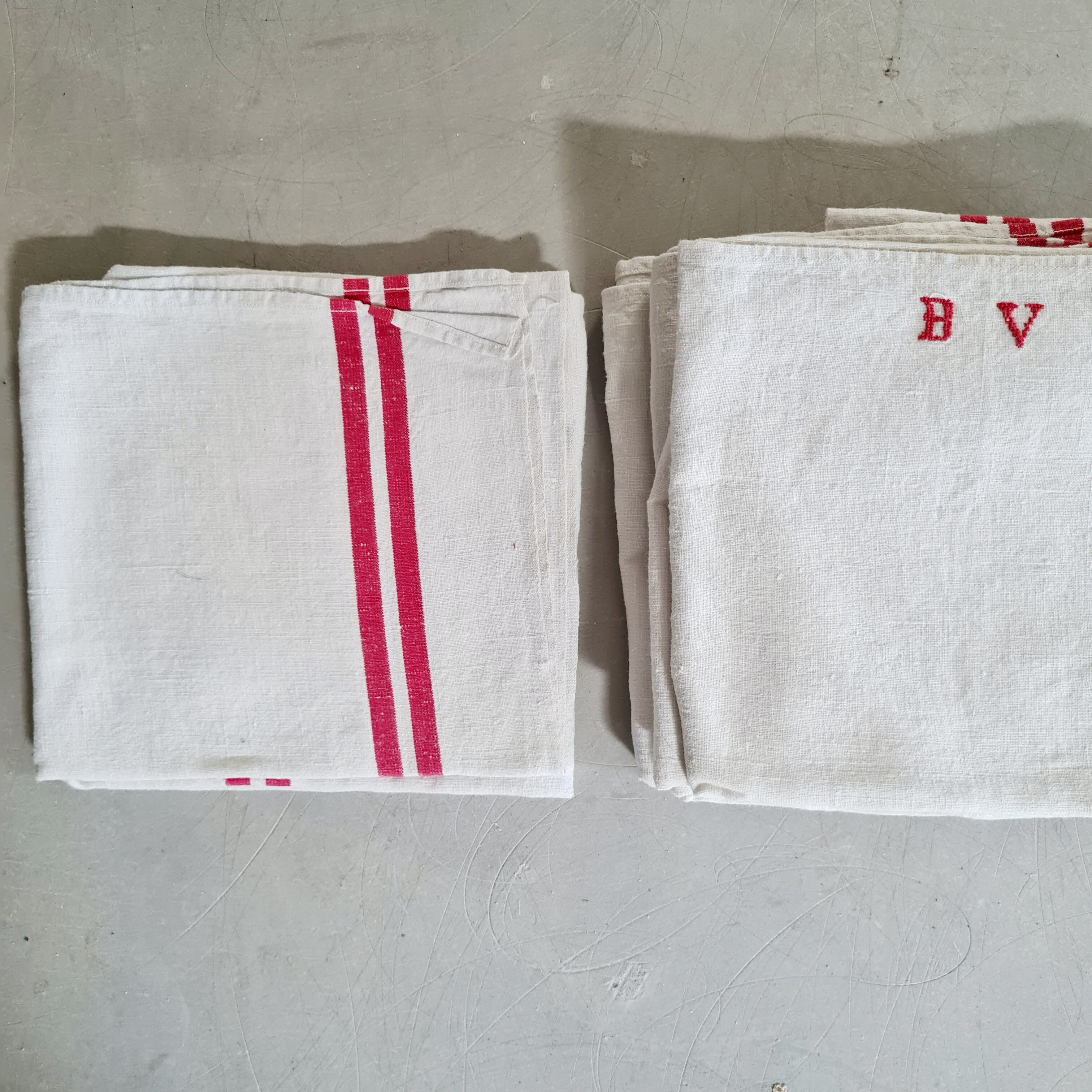 Old linen tea towels - monogrammed - red stripes - Set of 7