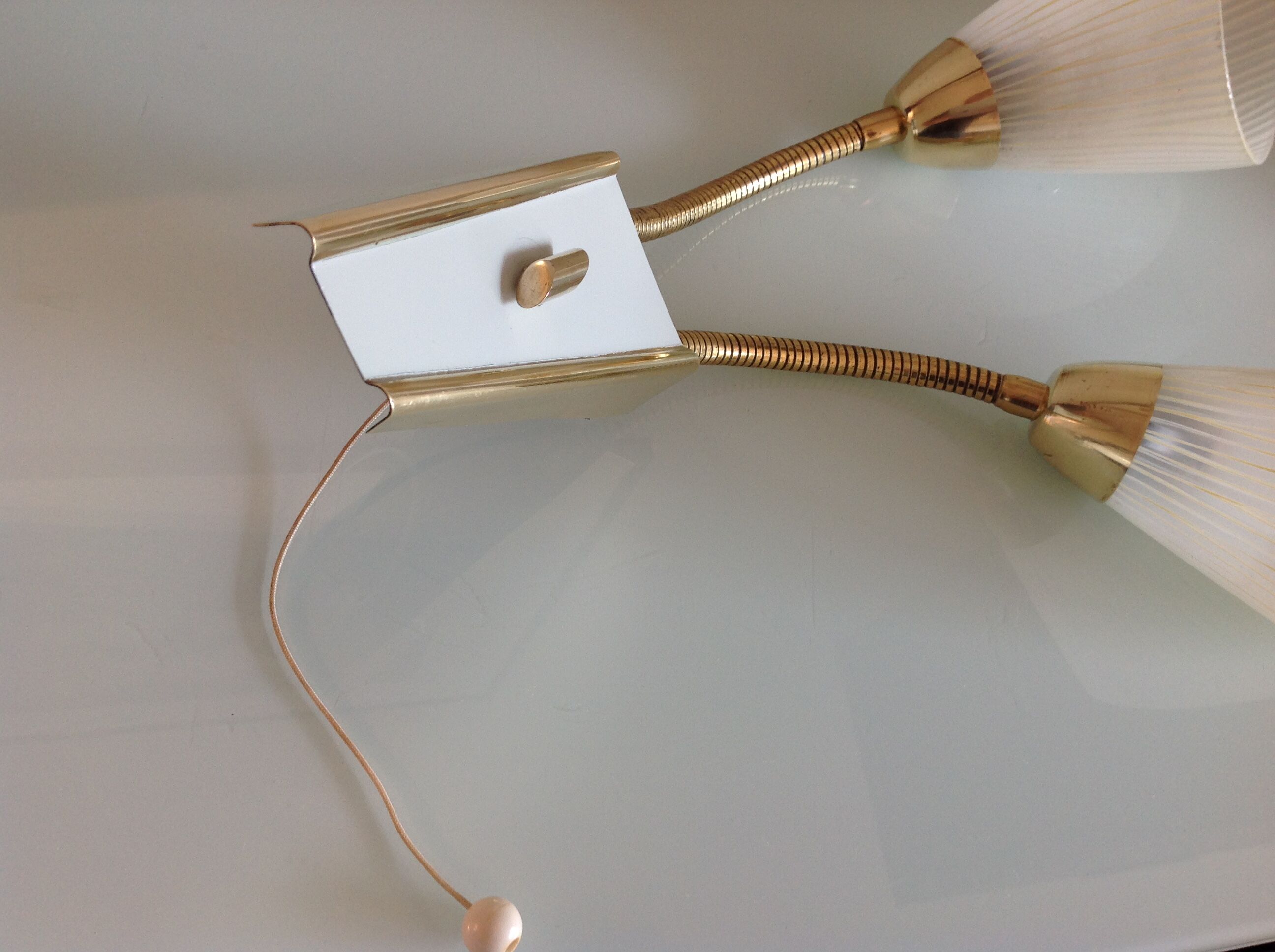 Double fire wall lamp in brass and glass cornet years 50/60