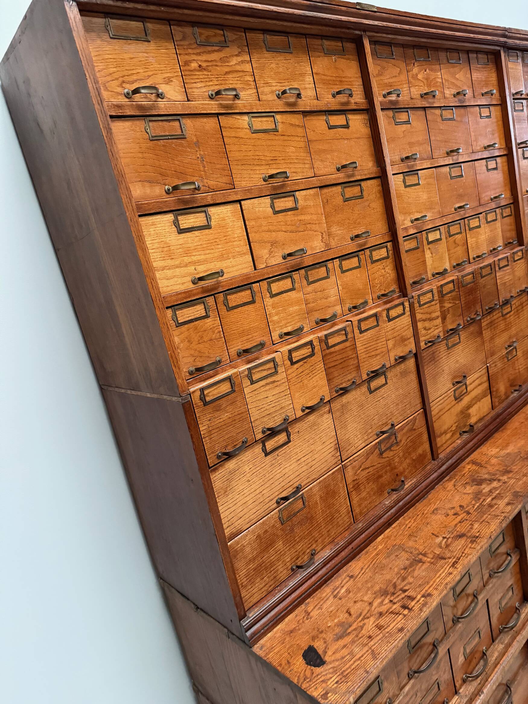 Antique very large American oak grain / apothecary cabinet, ca 1900