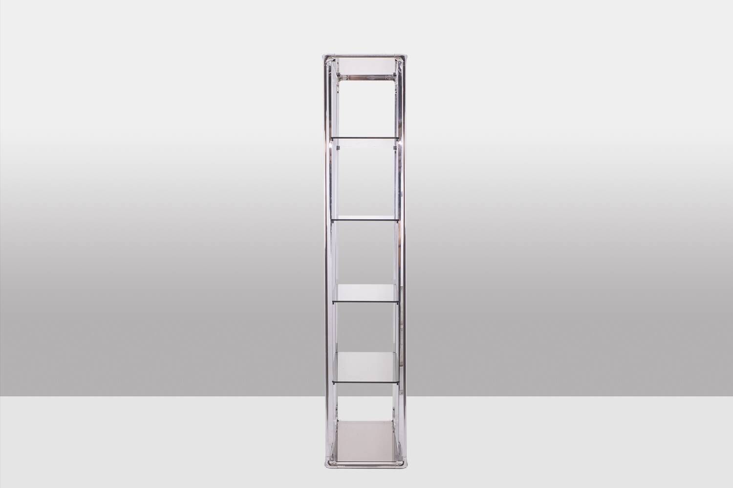 Pair of 6-shelf shelves with chrome-plated metal frames. 1970s.
