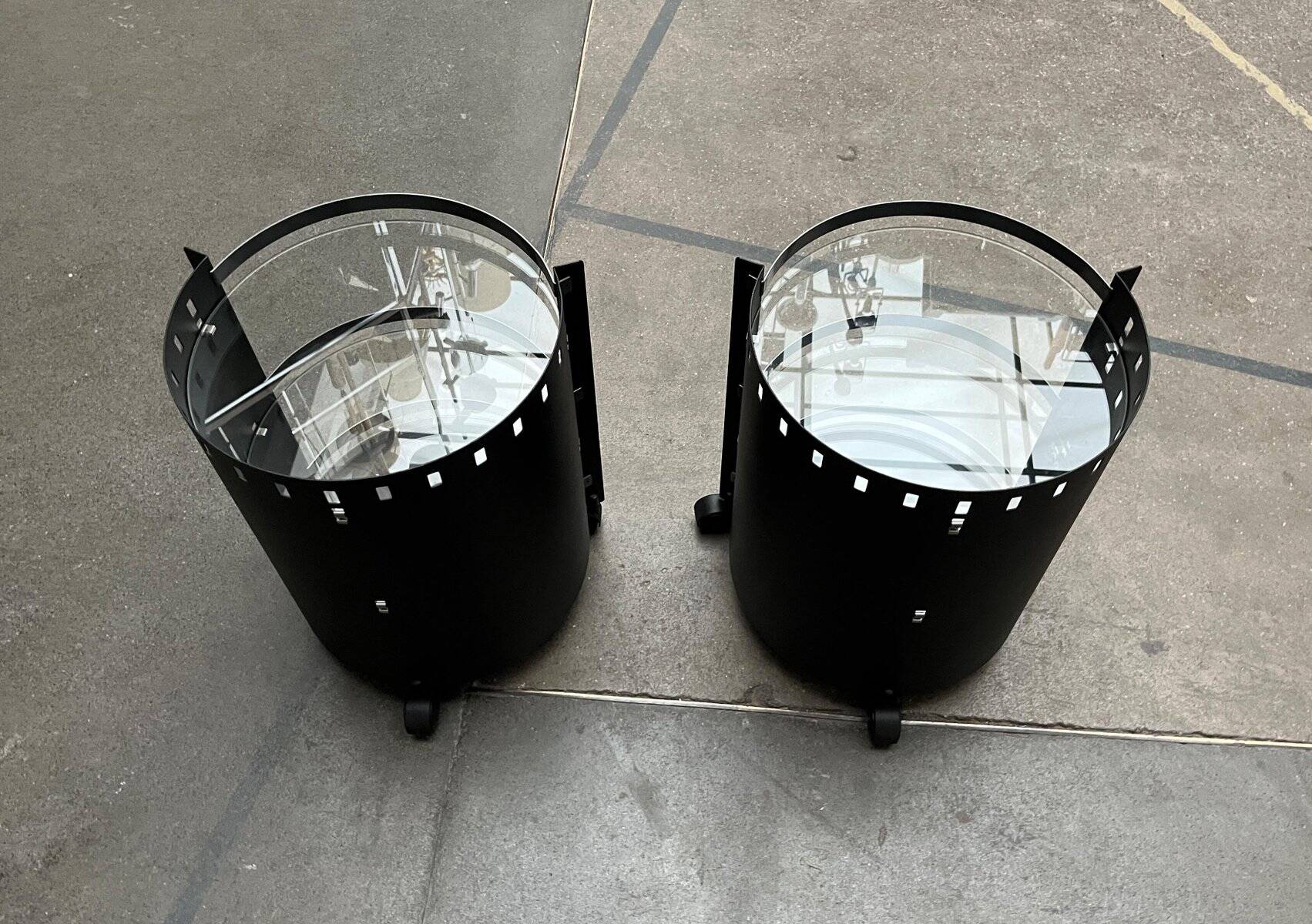 Postmodern German side tables in rolling metal and glass by D-Tec, 1980s, set of 2.