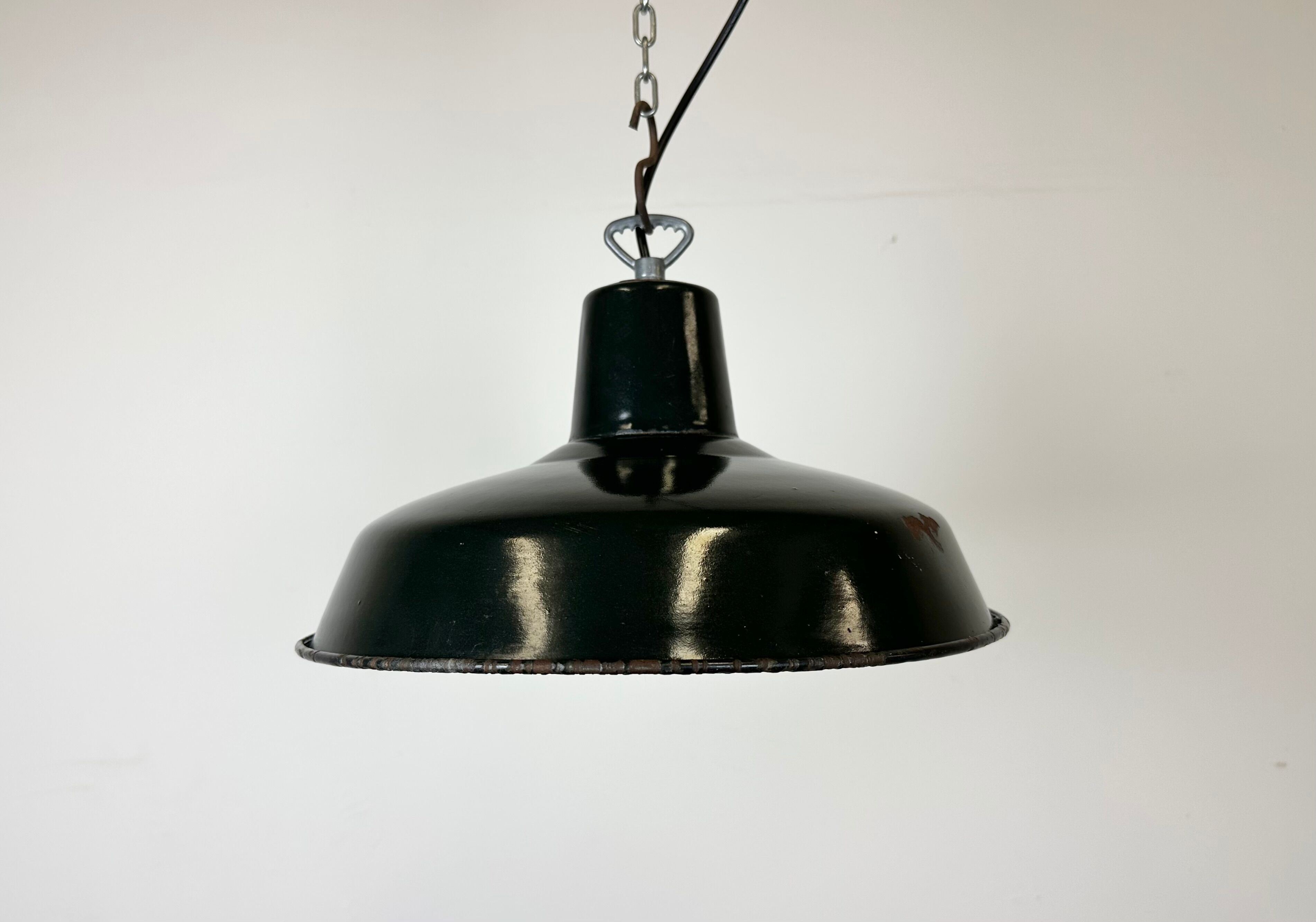 Industrial French Dark Green Enamel Factory Lamp, 1960s