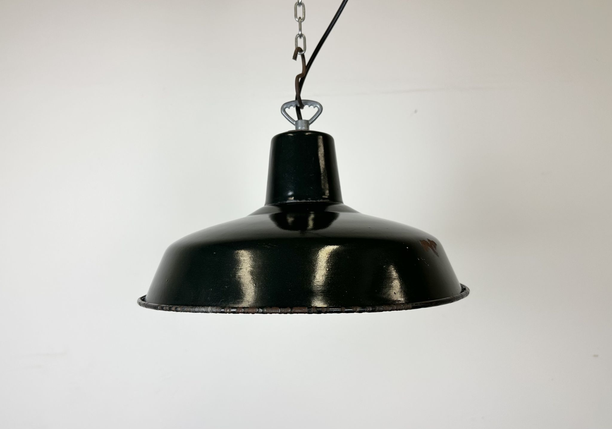 Industrial French Dark Green Enamel Factory Lamp, 1960s