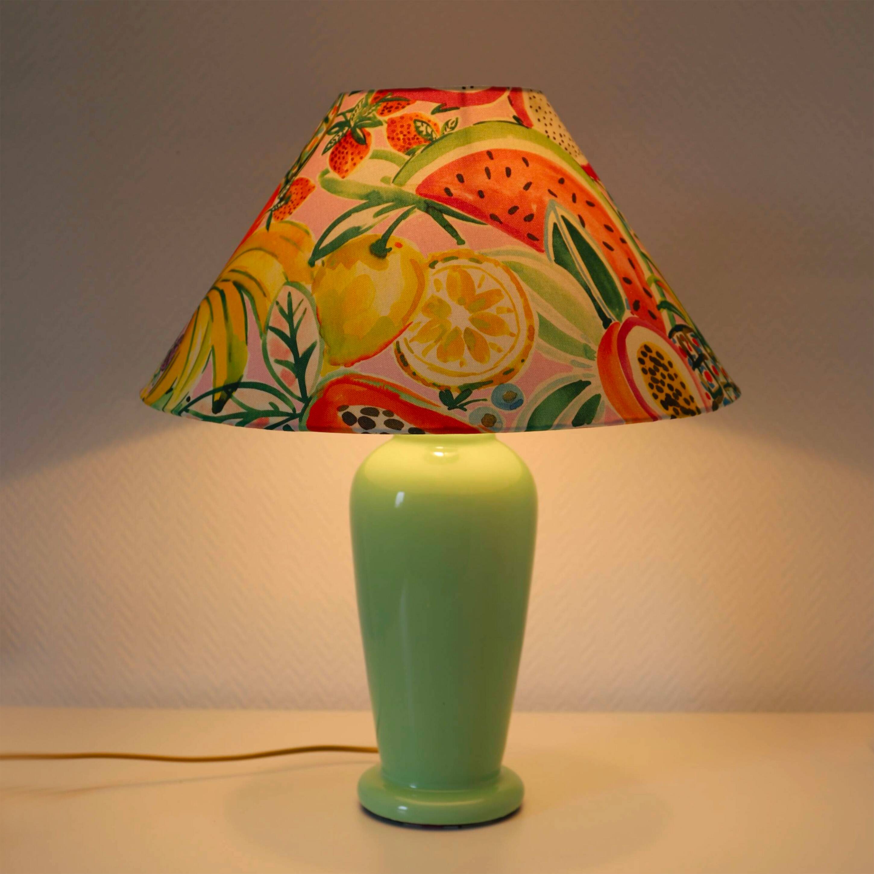 Vintage water green ceramic foot lamp with “fruit” printed lampshade