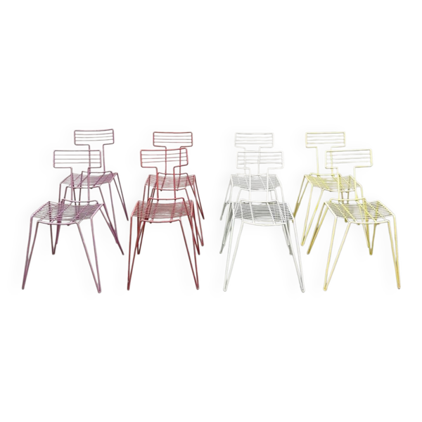 Chaises empilables en fil métallique multicolores vintage