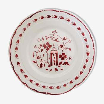 Plat de service rond en céramique blanche et décor rose, 1940, Céranord, manufacture française