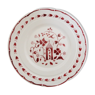 Plat de service rond en céramique blanche et décor rose, 1940, Céranord, manufacture française