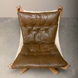 Sigurd Ressell Falcon Chair with Ottoman in brown leather for Vatne Møbler