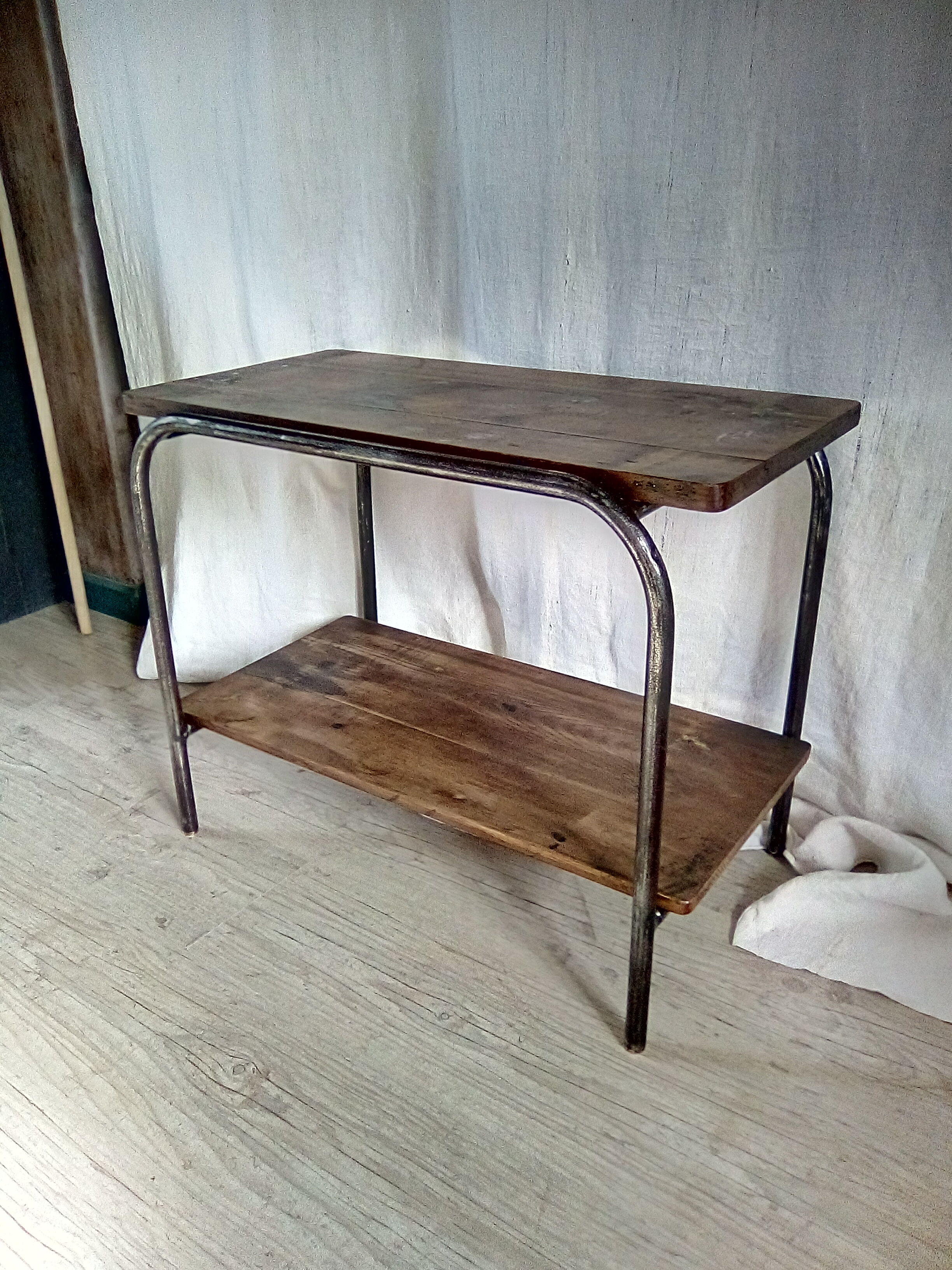 2-level industrial wood and metal side table