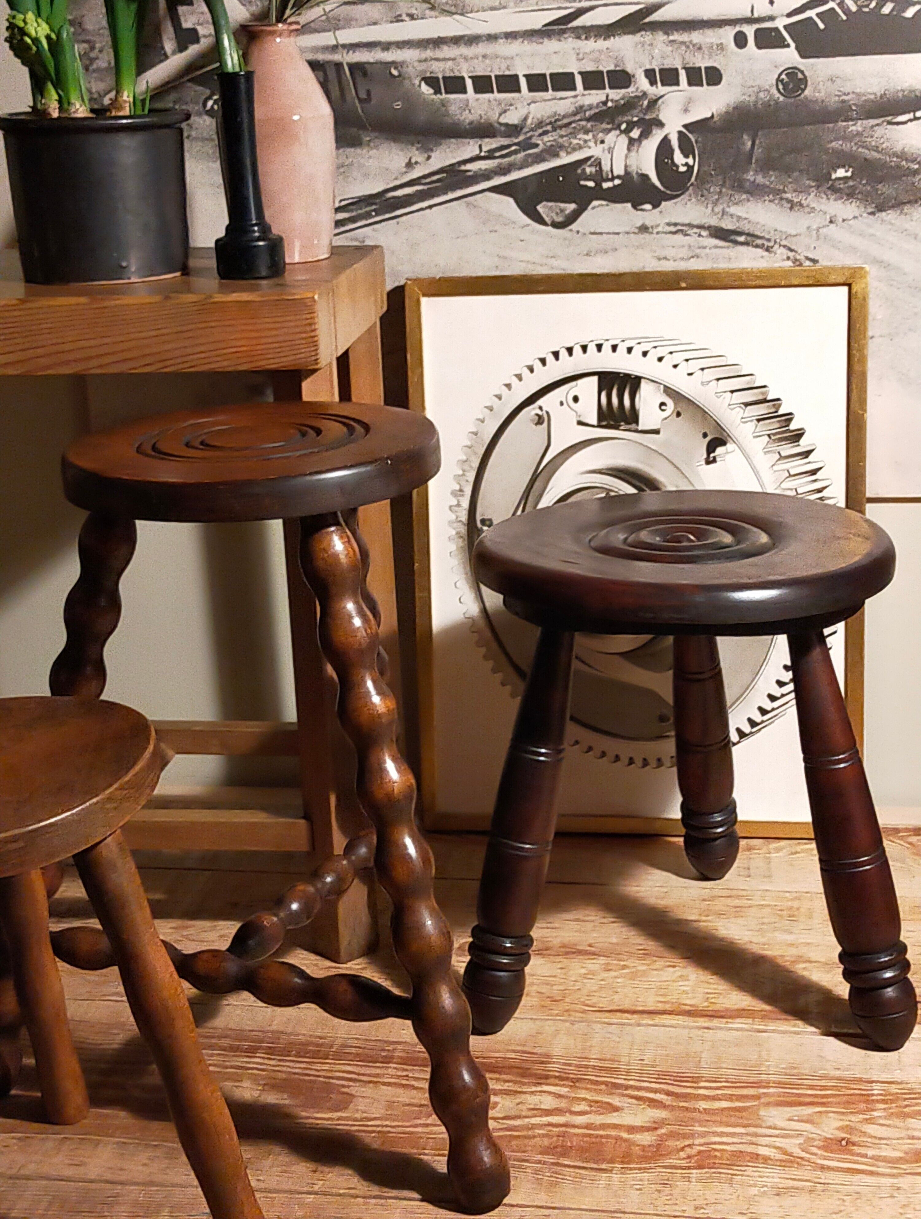 Tripod stool solid wood turned vintage