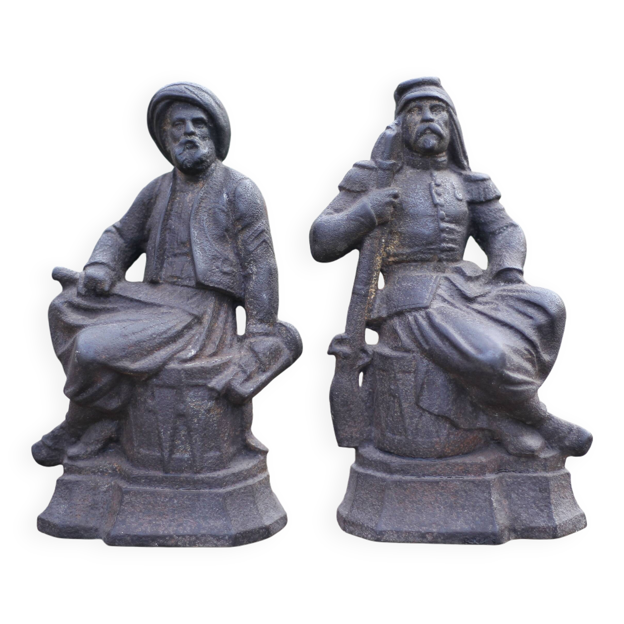 Pair of vintage fireplace andirons, anthropomorphic andirons, fireplace accessories