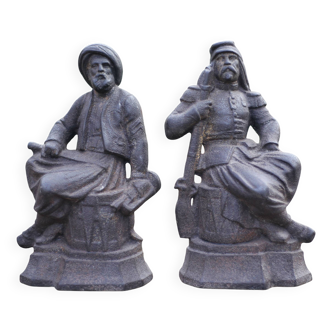 Pair of vintage fireplace andirons, anthropomorphic andirons, fireplace accessories