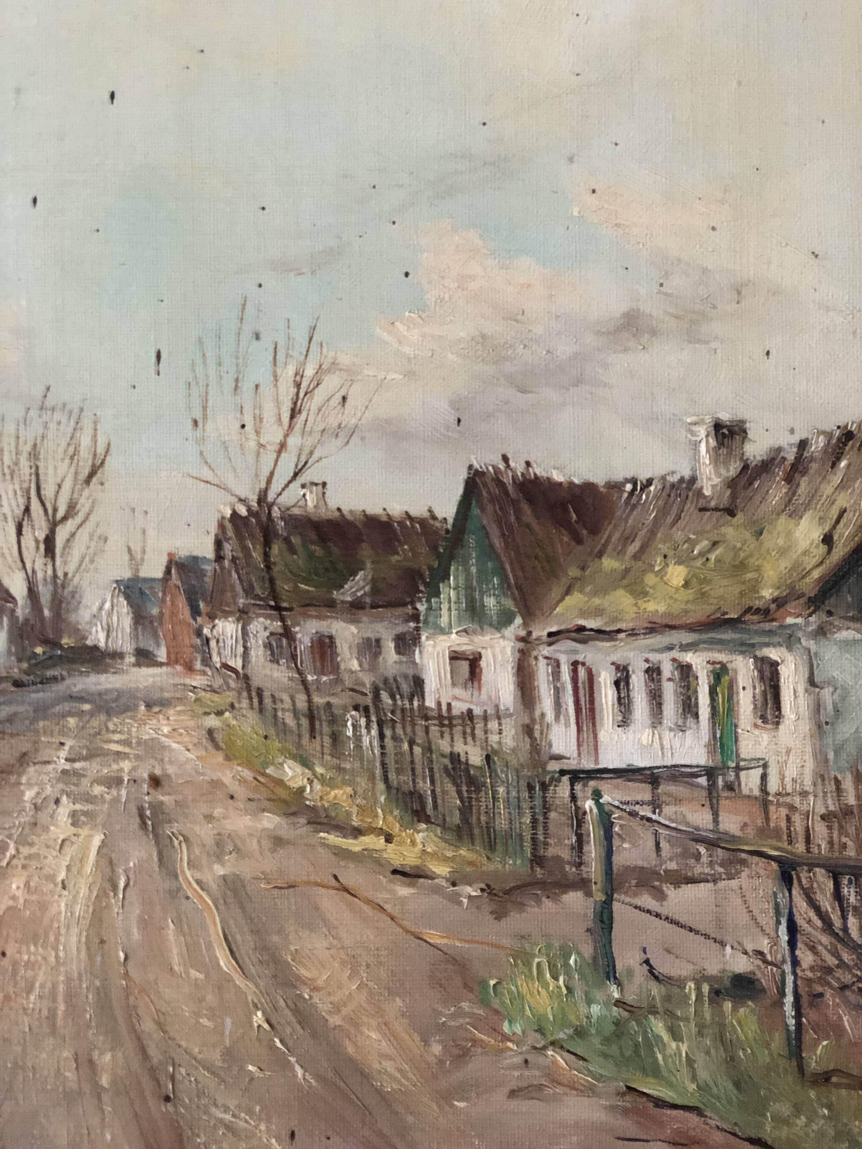 Vintage European Village Original Oil Painting with Cottages, circa 1940