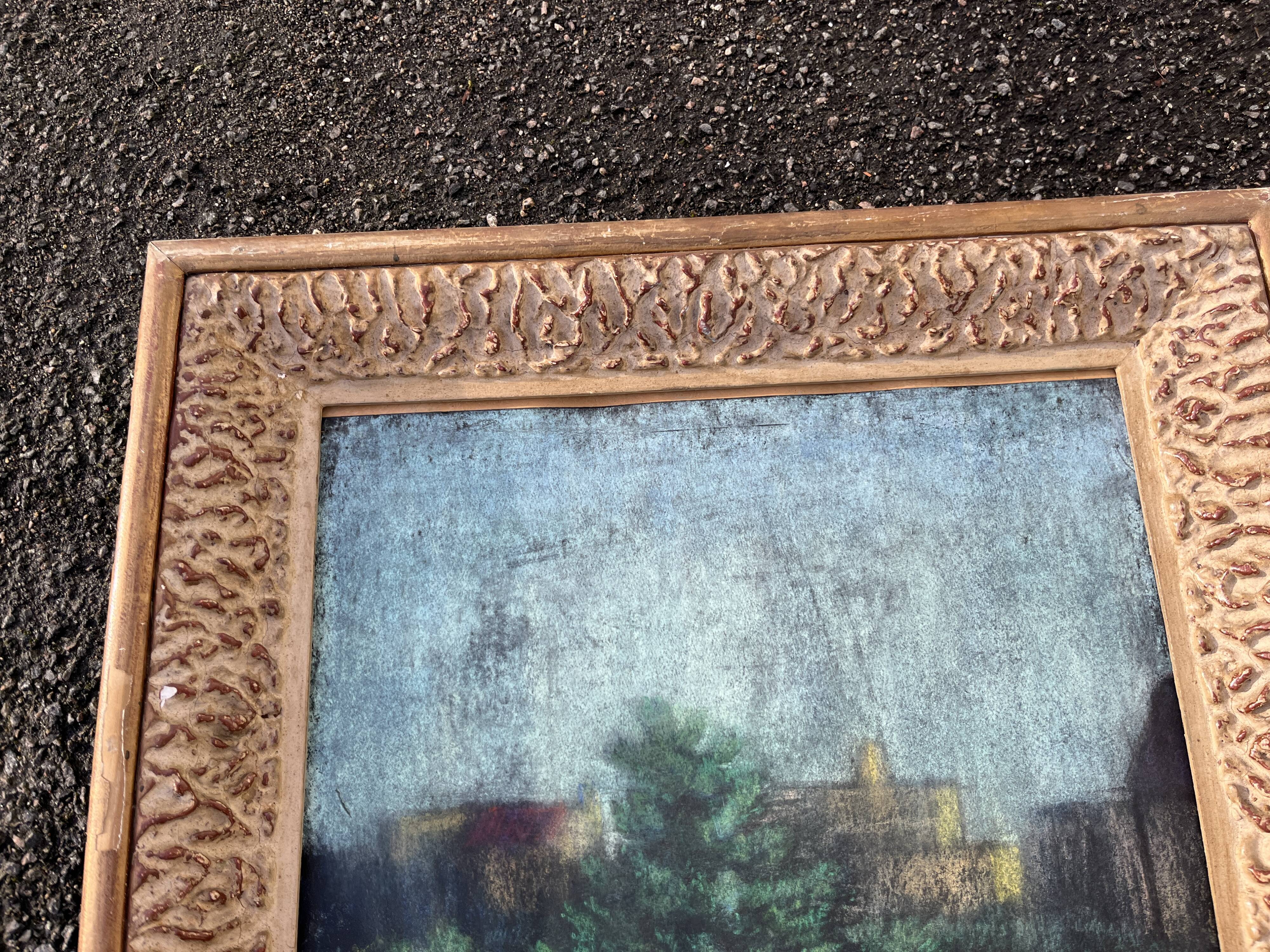 Old large pastel tableau - Scene of a wooded and flowered garden