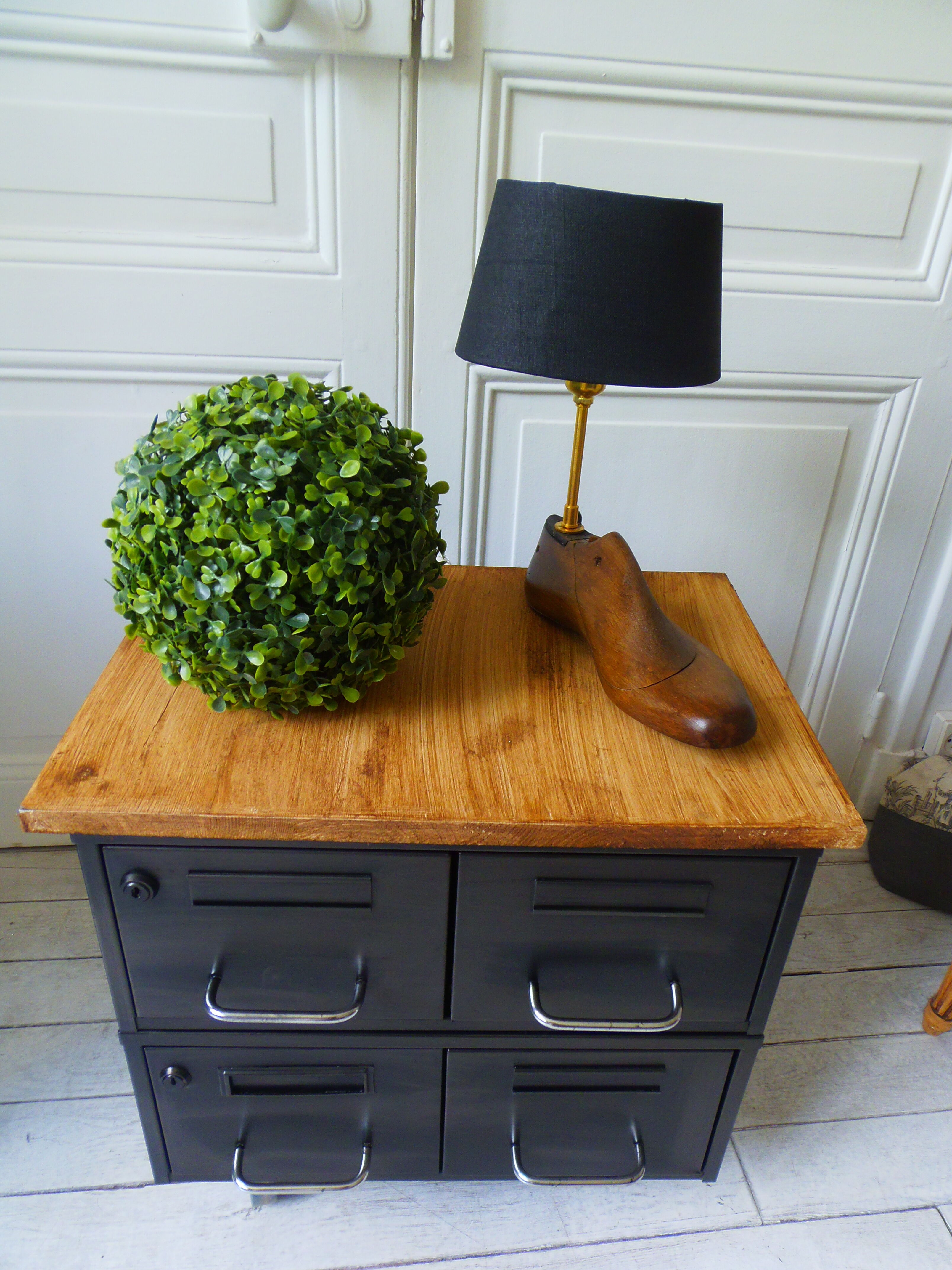 Vintage furniture with metal plugs on black wheels wooden tray