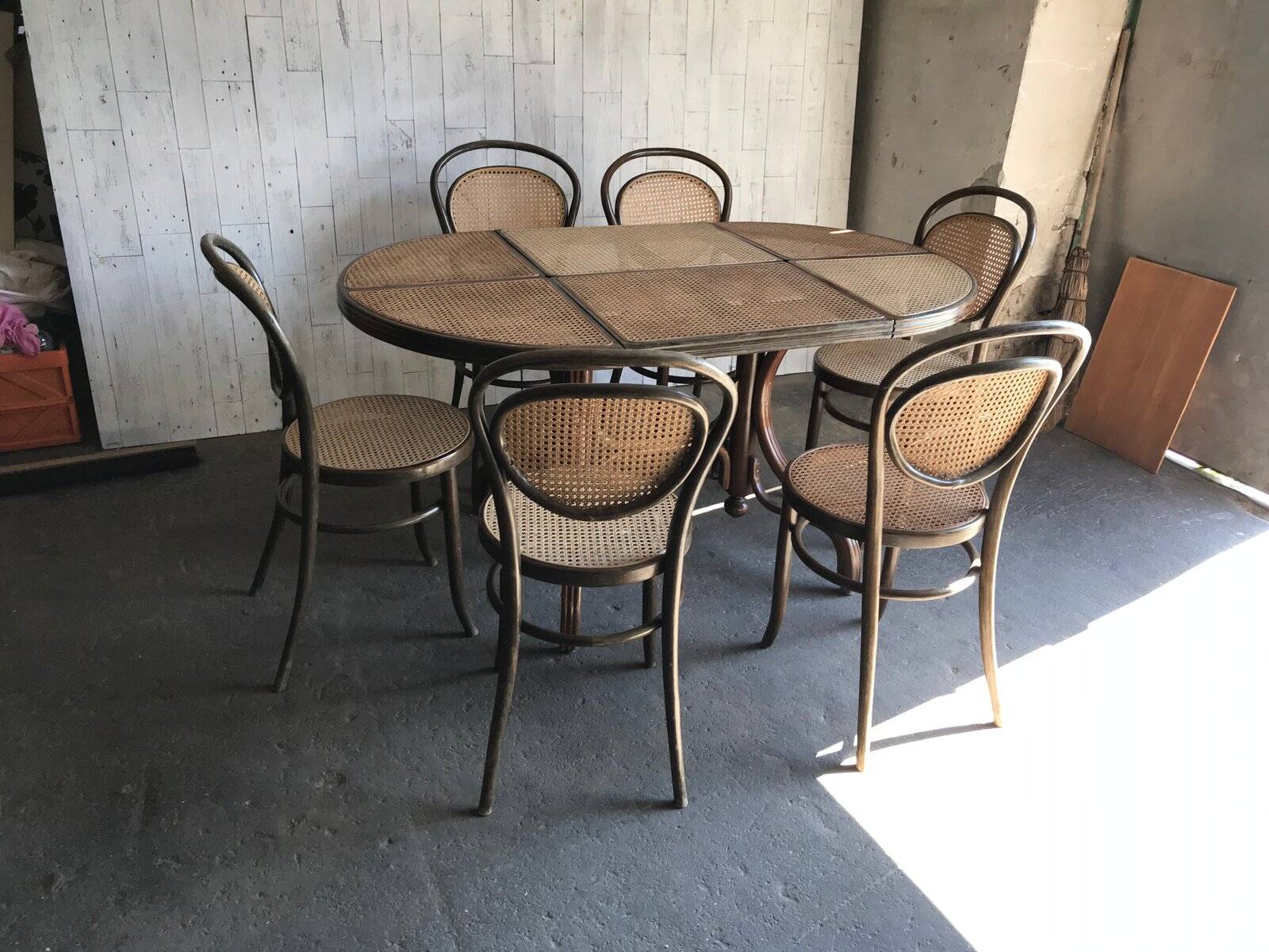 Brown Scandinavian wooden and cane set: 1960s table + 6 chairs (set of 7)