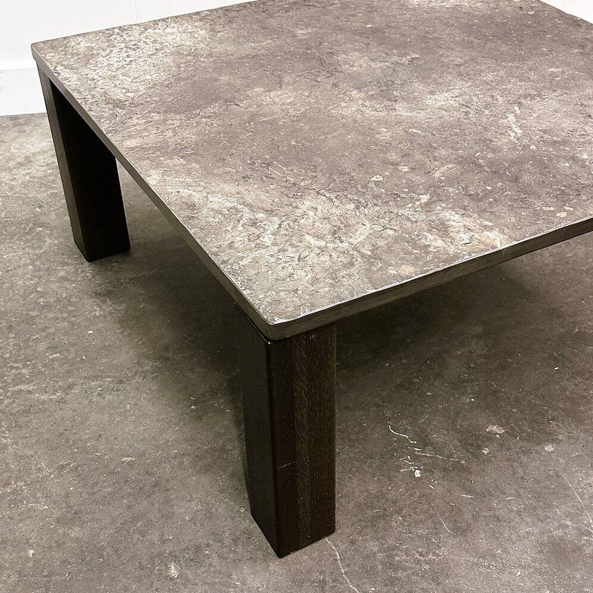 French 1970s slate & solid oak coffee table — textural slate slab, sculptural presence