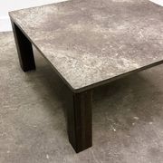French 1970s slate & solid oak coffee table — textural slate slab, sculptural presence