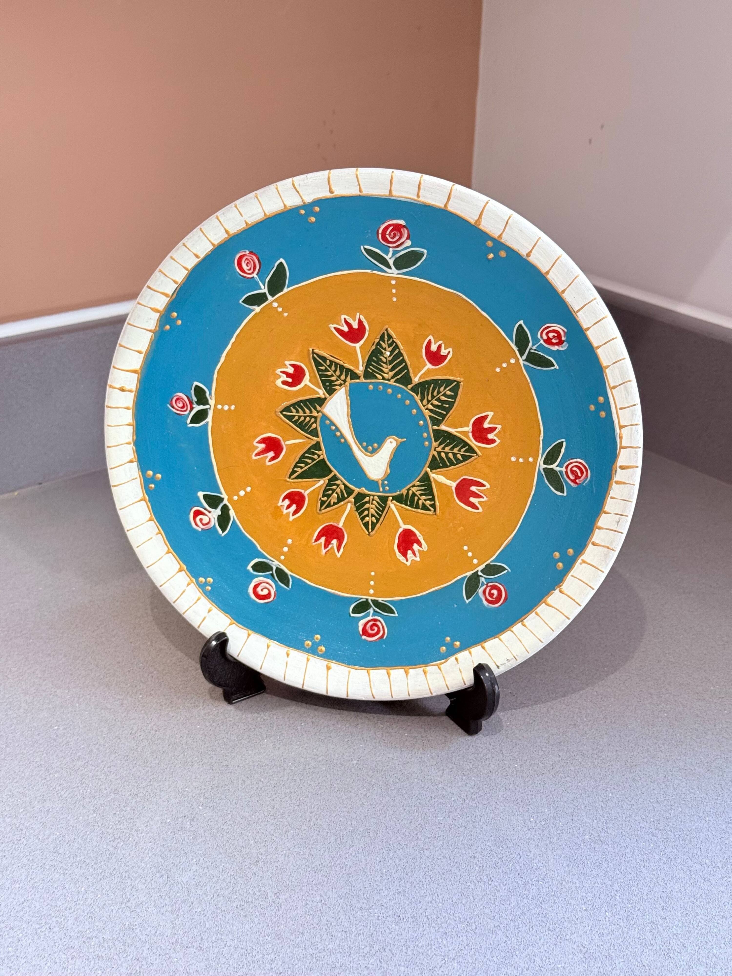 Hand-Painted Wall Decorative Ceramic Plate with Dove & Floral Folk Art Design