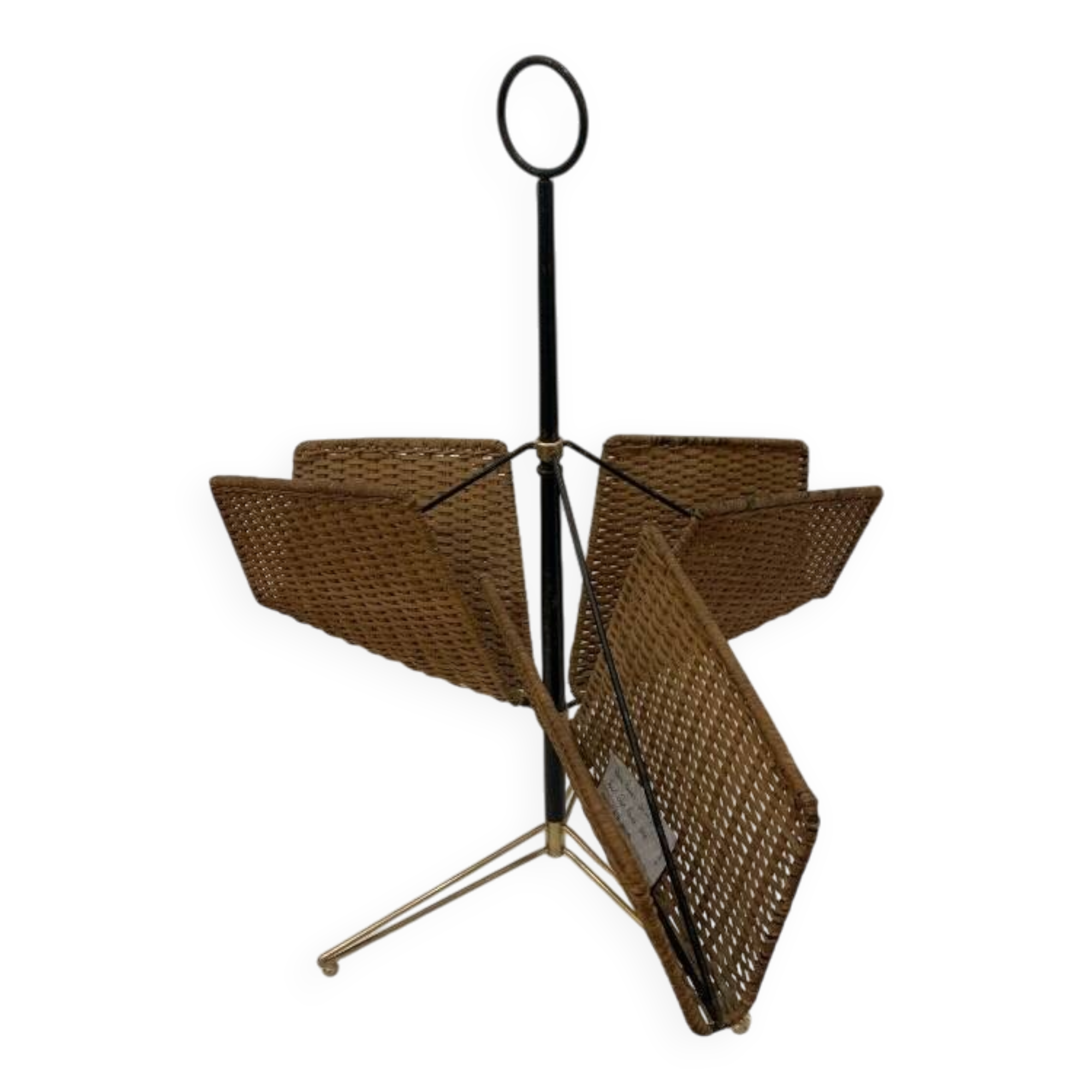 Wicker, iron, and brass magazine rack