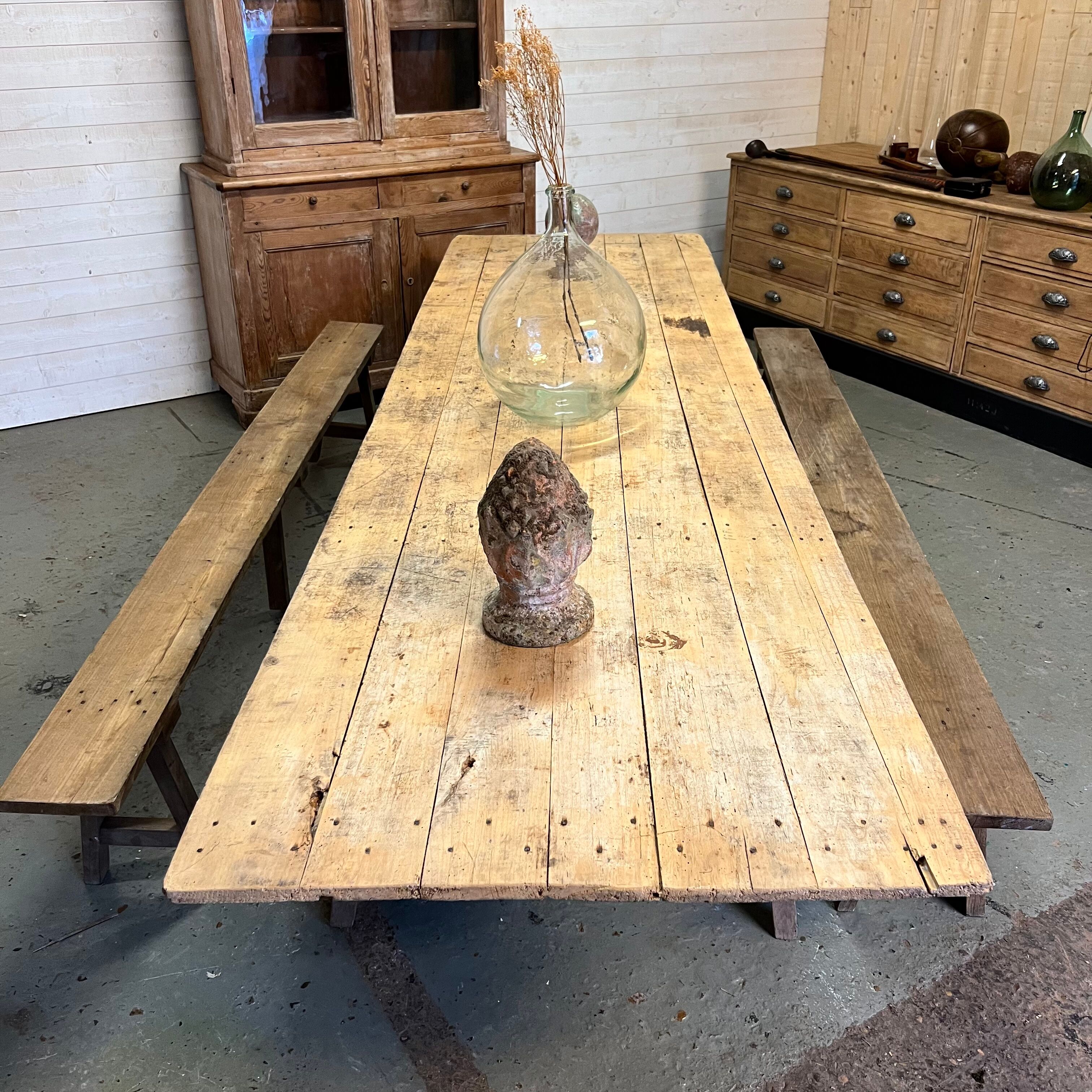 Pine guinguette table with trestles and oak bench