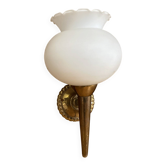 Applique murale torche arlus lunel métal doré + opaline blanc mid-cent