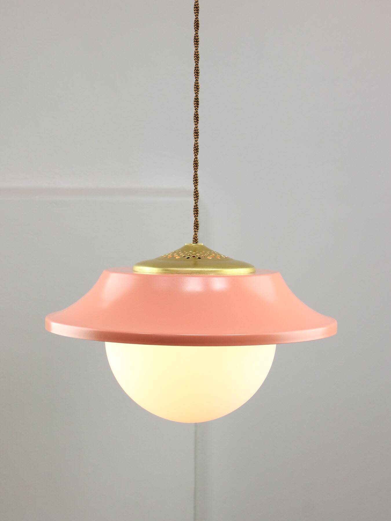 Mid-Century Italian Pink Metal and Brass Pendant Lamp