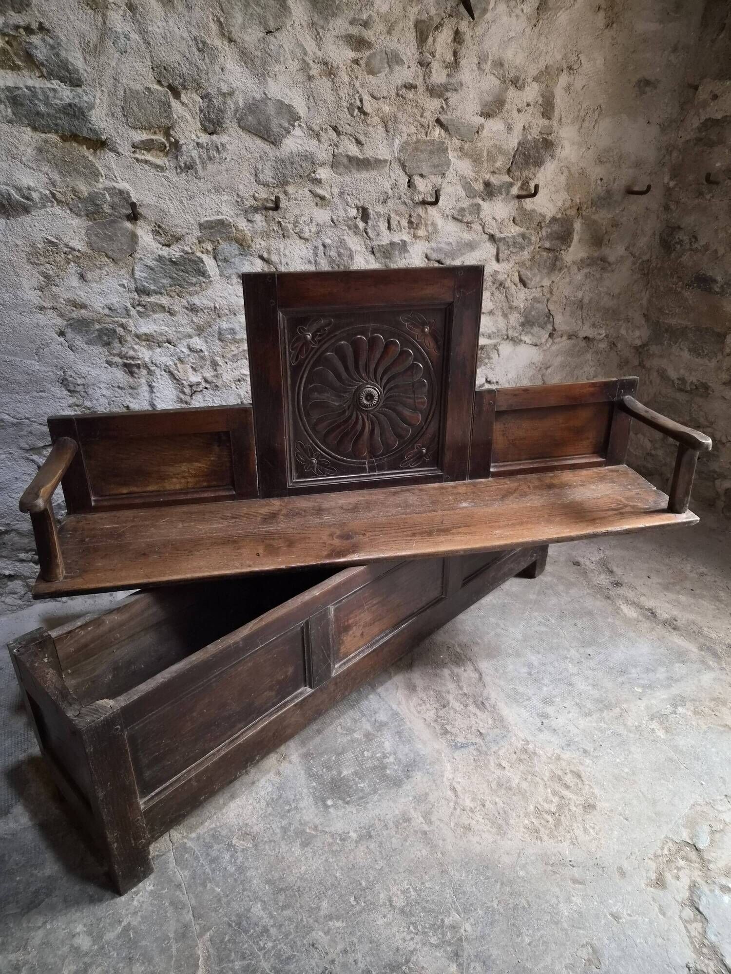 Old French popular art bench from Auvergne, circa 1800–1850