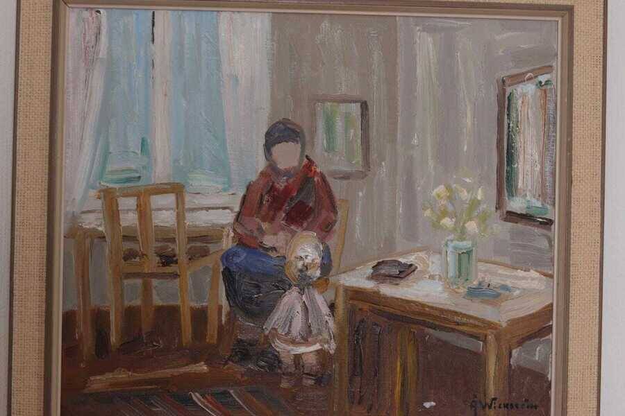 Original Swedish oil on canvas – “Figure in Interior” by Åke Wickström – vintage & framed – 57 × 66 cm