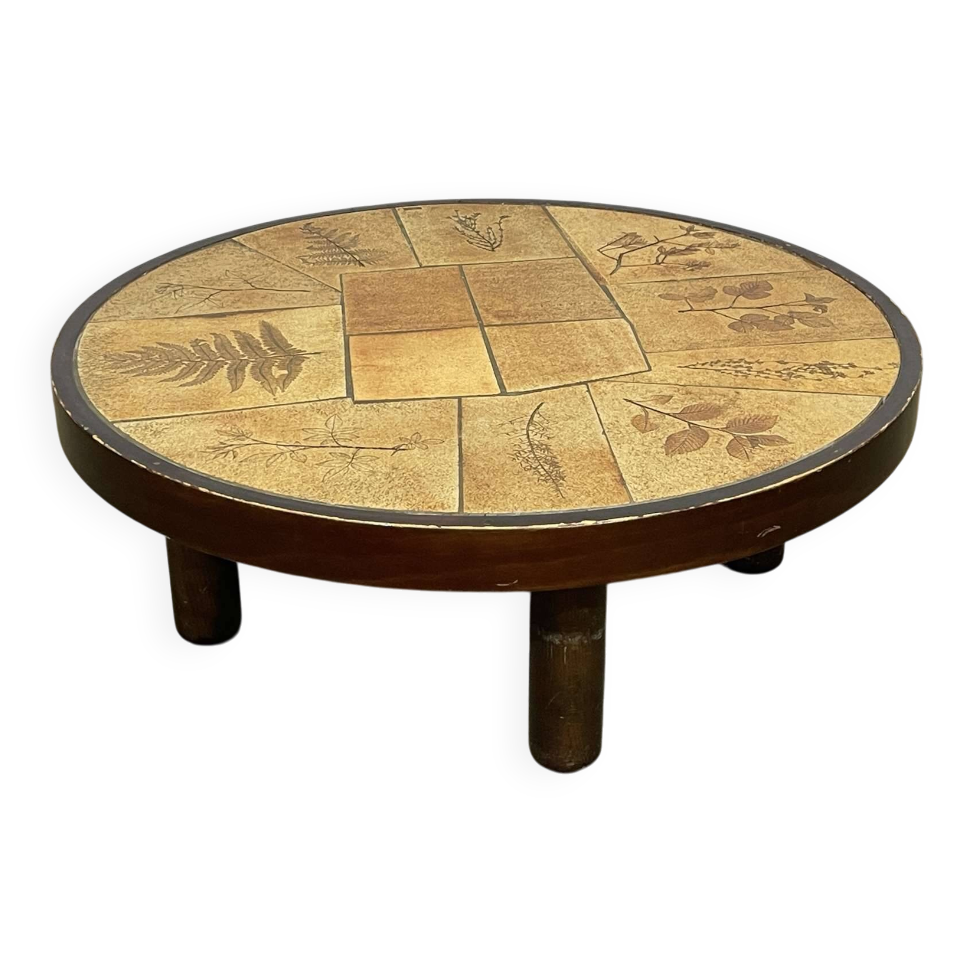 Beech coffee table with a ceramic top featuring a herbarium design.