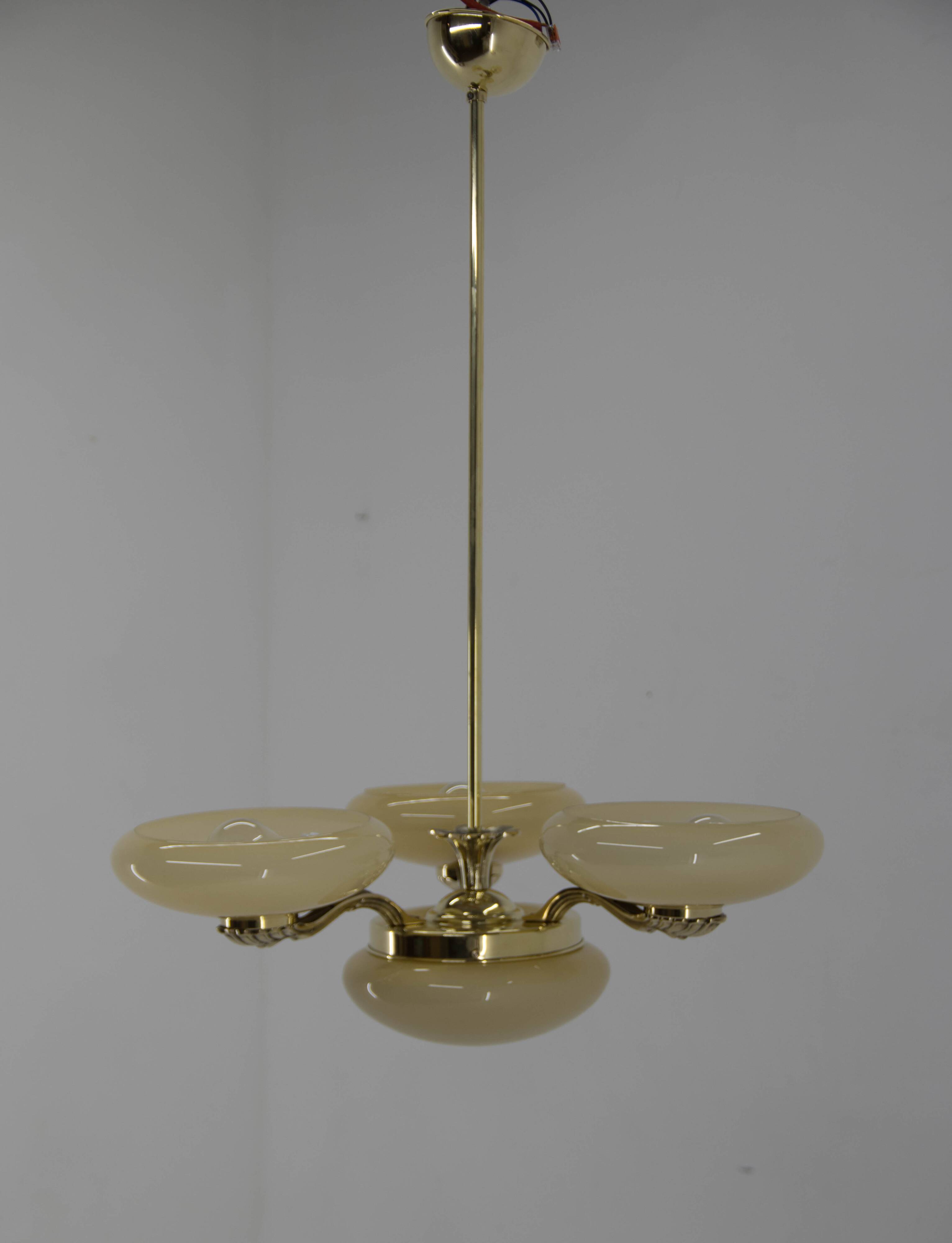 Art Nouveau Brass and Glass Chandelier, 1920s, Perfect Condition