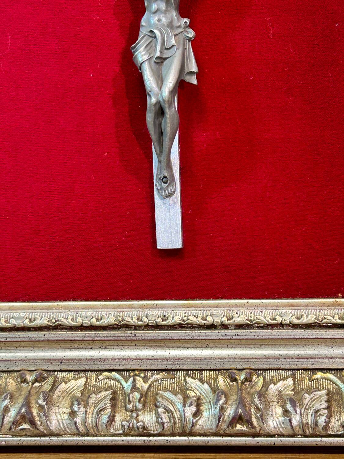 Crucifix, christ, on red velvet frame, silver wood, 50s, 60s, vintage