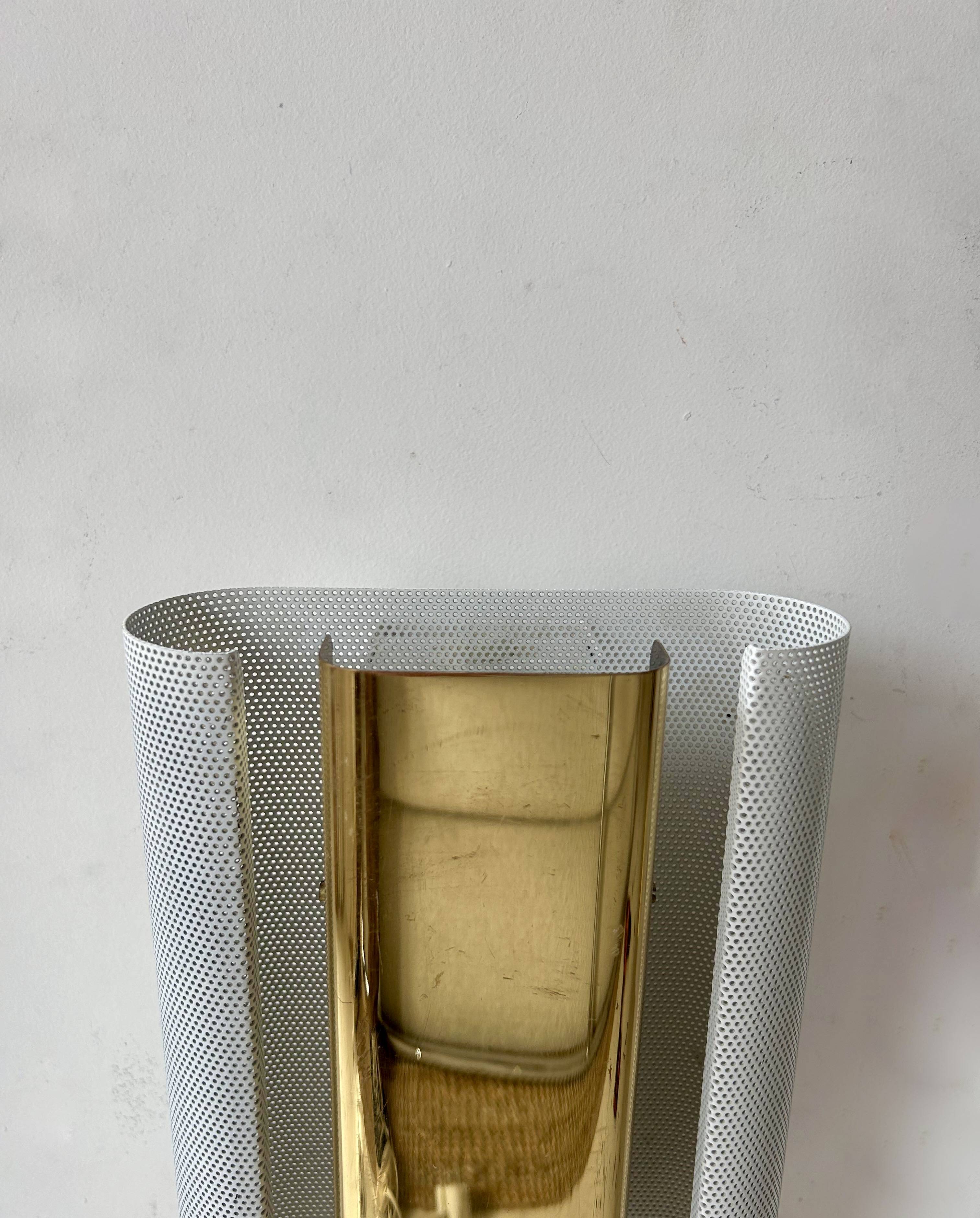 Pair of vintage wall lights, brass and white perforated metal, Hans Agne Jakobsson