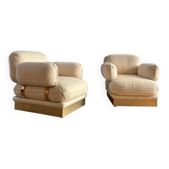 Pair of armchairs by Thibier in brass and wool France 1978