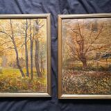 2 impressionist paintings - pair of oil on canvas - 2 signed autumn landscapes