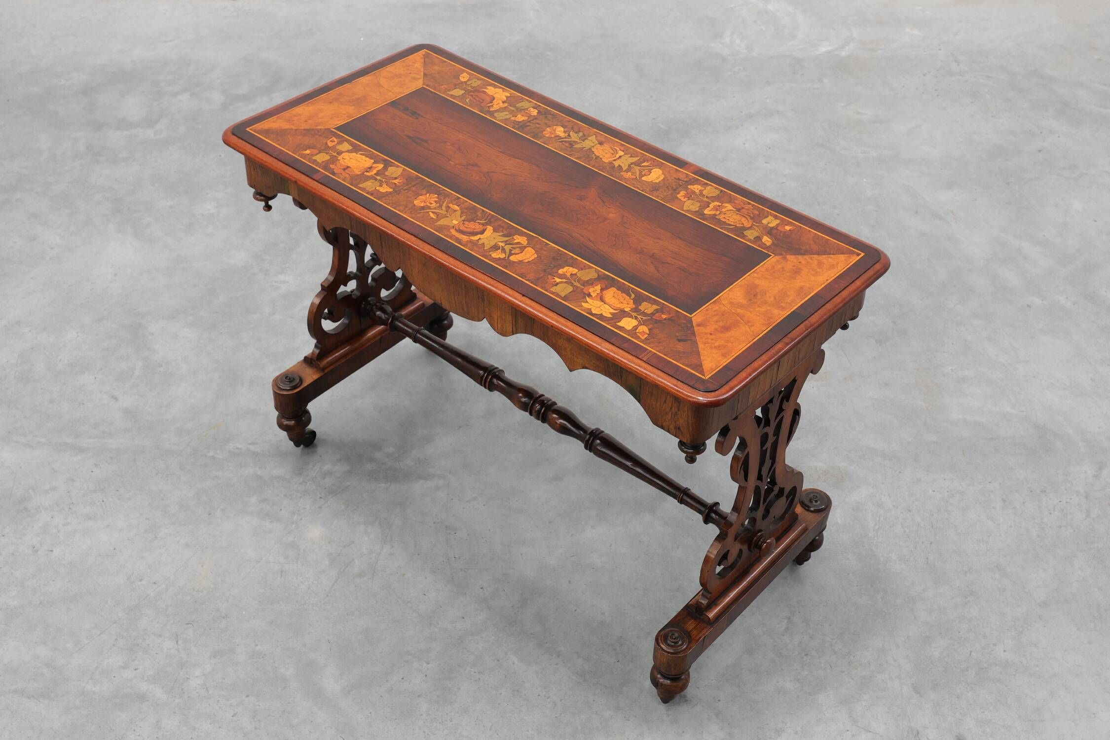 Victorian Walnut Side Table with Inlaid Top and Pierced Scroll Ends, Englan